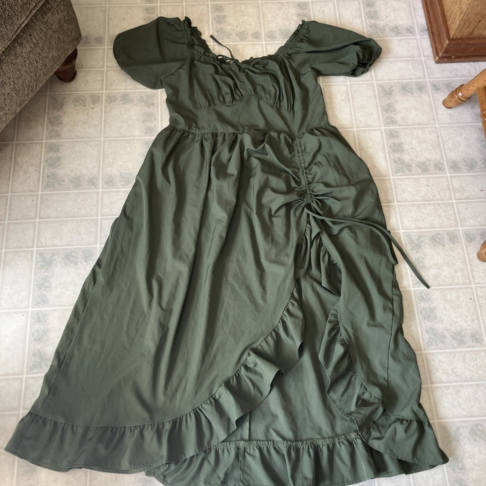 Scarlet Darkness Olive Green Ruffle Puff Sleeve Dress XL Peasant Wench Ren Fair
